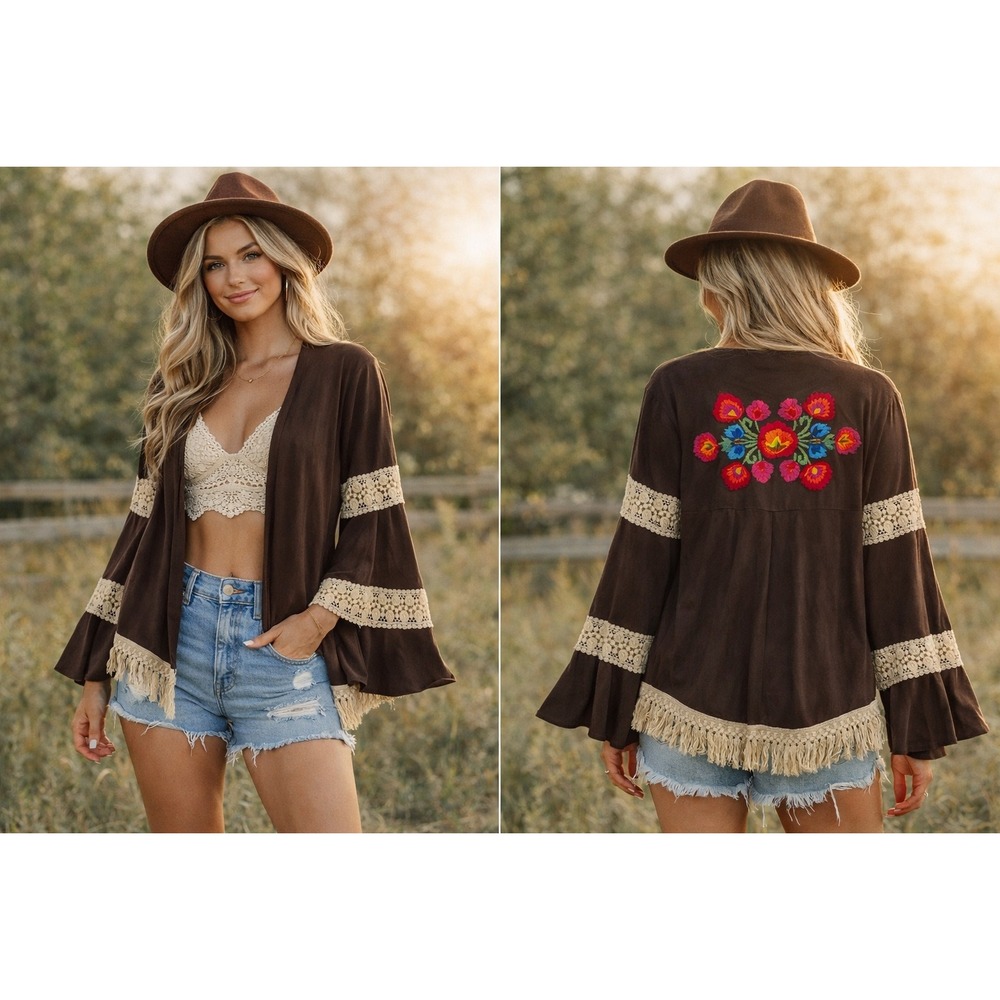 Judith March Cardigan Women Large Brown Faux Suede‎ Embroidered Boho Bell Sleeve